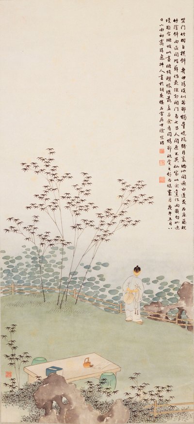 蓮の池を眺める」（紙にインク、カラー 作： Ming Yu