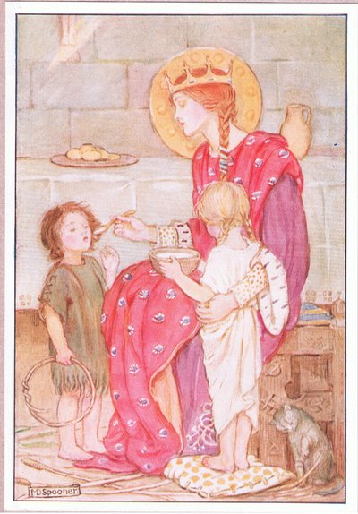 彼女は一人ずつ、小さな孤児たちに自分の金のスプーンのリトグラフを食べさせた. 作： Minnie Didbin Spooner