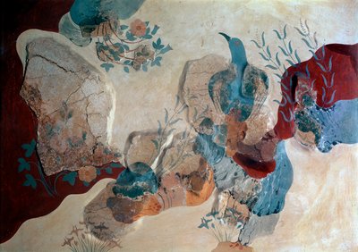ミノアの芸術。"青い鳥" フレスコ画の家のフレスコ画の断片。紀元前1500年。Heraklion, Archeological Museum, Crete - ミノア美術：「青い鳥」。岩、野バラ、アヤメの中にいる鳥を描いたフレスコ画の断片（フレスコ画の家より 作： Minoan