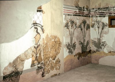 ミノア美術。サントリーニ島アクロティリのフレスコ画「リースを持つ女」。紀元前16世紀。アテネ、国立考古学博物館 作： Minoan