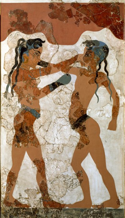 ミノア美術。"fighting between two boxers" アクロティリからサントリーニまでのフレスコ画。紀元前16世紀。アテネ、国立考古学博物館 - ミノアの芸術。ミノアの少年たちのボクシング。紀元前16世紀、サントリーニ島アクロティリのフレスコ画。国立考古学博物館、アス 作： Minoan