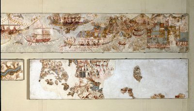 ミノア美術。「海軍遠征」 アクロティリからサントリーニへのフレスコ画。紀元前16世紀。アテネ、国立考古学博物館 作： Minoan