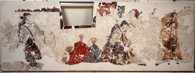 ミノア文明：崇拝する女性たち。サントリーニ島アクロティリ（テラ）のゼスト3の建物のラスター盆地のフレスコ画 作： Minoan