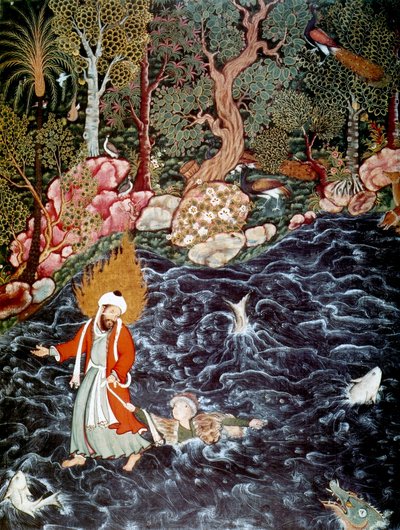 ヌール・アド・ダール王子を救出する預言者エリヤ、1562～1577年。 作： Mir Sayyid Ali
