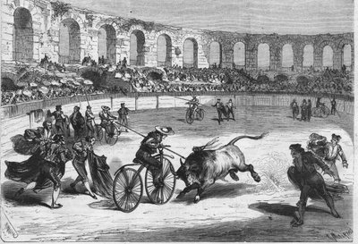 1869年、ニームのアリーナで行われた雄牛レース。闘牛士たちはベロシペッドに乗っている。ミランダ氏が描いたもの。 作： Miranda Miranda