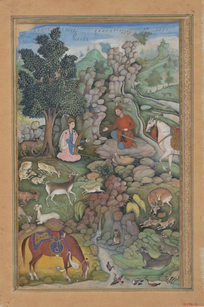 Bahram Gur は Dilaram の音楽に魅了された鹿の群れを見る, Folio from..., 1597-98. 作： Miskin