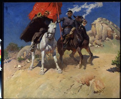 旗手でホルン奏者。 1917年の10月革命中の赤軍の騎兵連隊の2人の兵士。ミトロファン・ボリソビッチ・グレコフ（1882-1934）による絵画、キャンバスに油彩 作： Mitrofan Borisovic Grekov