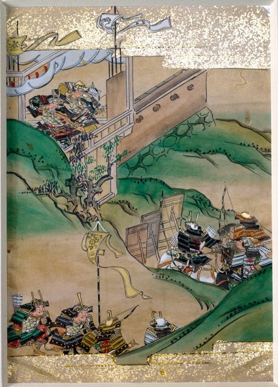 日本の皇室闘争のエピソード（1308～1368年）。土佐派（17世紀）のミニチュアに金箔と牡丹の螺鈿を施したもの。個人蔵 作： Mitsuhiro (after) Tosa