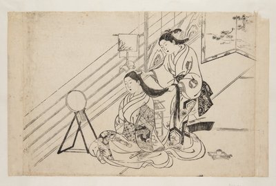 髪を梳く女性（カラー木版画 作： Mitsunobu Hasegawa