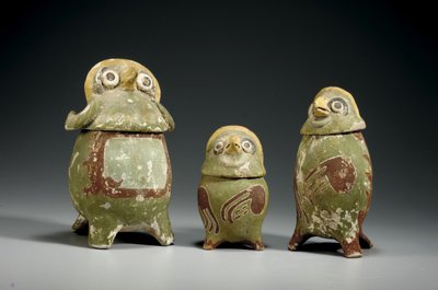 3つのMixtecポリクロームテラコッタ彫像船、c.900-1200 作： Mixtec