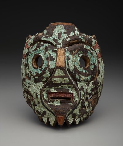おそらくトラロックのマスク、c.1350-1521（木材、ターコイズ、シェル、亜炭、樹脂） 作： Mixtec Mixtec