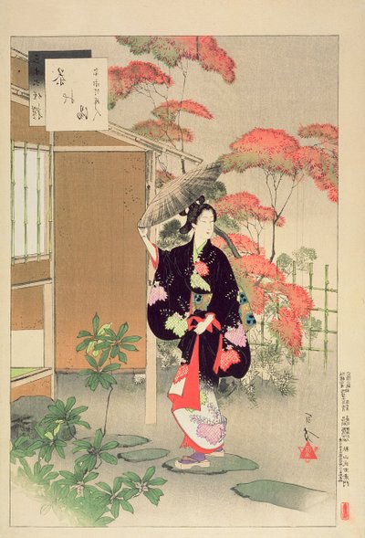 茶道：宝永時代の女、シリーズ「美女三十六選」より、1893年（色木版画） 作： Mizuno Toshikata