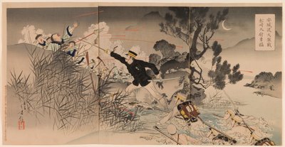 The Bravery of Captain Matsuzaki during the Great Fierce Battle at Anseong Crossing Anjōto daigekisen Matsuzaki taii yūmō 安城渡大激戦松崎大尉勇猛（あんじょうと だいげきせん まつざき たいい ゆうもう） 作： Mizuno Toshikata