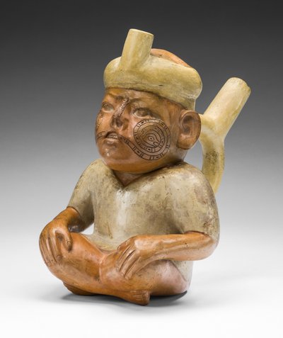 口唇裂と入れ墨のある男の肖像船、紀元前100年-西暦500年 作： Moche