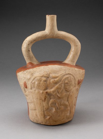 超自然的な戦闘シーンが刻まれたあぶみ船 作： Moche