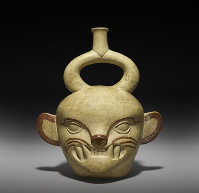 猫の頭の形をした容器、AD 100-800（スリップ付きの陶器） 作： Moche Moche