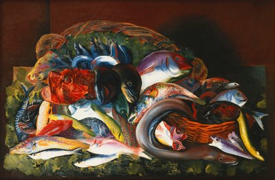 魚のいる大きな静物；魚のいる大自然 作： Moise Kisling