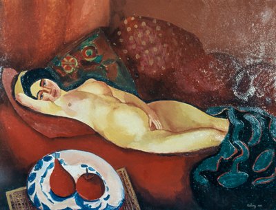 赤いソファの上のヌード（キャンバスに油彩） 作： Moise Kisling