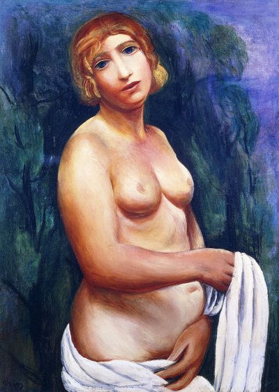 白いドレープの裸婦；ヌ・オ・ドレープ・ブラン 20世紀 油彩・カンヴァス 額装 作： Moise Kisling