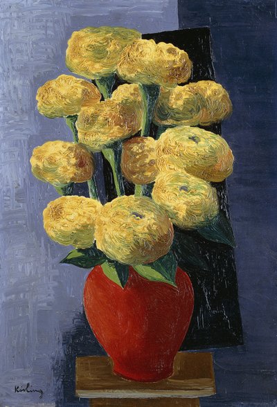 赤い花瓶の黄色い花；Fleurs Jaunes dans un Vase Rouge 作： Moise Kisling