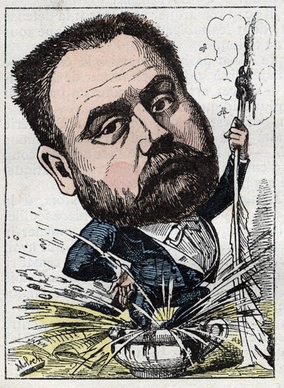 エミール・ゾラ（1840-1902）の肖像（トゥチャウト作『トロンビノスコープ』）、1882年のB・モロク（1849-1909）による風刺画。個人蔵。 作： Moloch