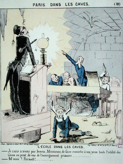 地下室の学校」（「パリの洞窟」より）1870年頃（彩色済みエングレーヴィング 作： Moloch