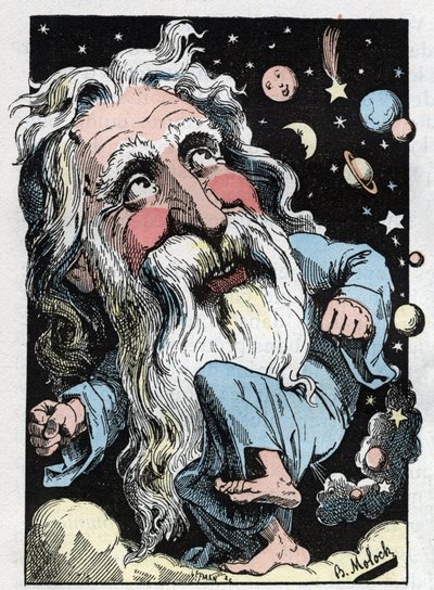 1882年のB.モロク（1849-1909）による漫画、トゥータウトの「トロンビノスコープ」における神のアレゴリー。個人蔵。 作： Moloch