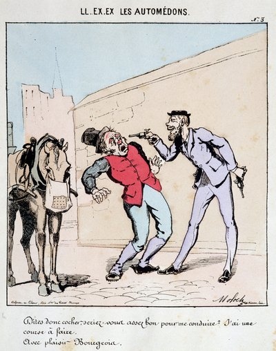 HE.EX.EX.モータードン。都会の交通機関の漫画。ブルジョワが銃で脅しながら馬車屋に丁寧に運転を頼んでいる。モロク（1849-1909）が1860年頃に描いたもの。 作： Moloch
