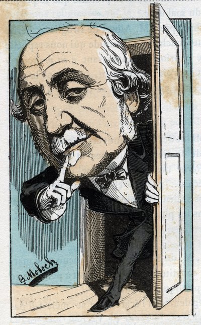 フランスの歴史家・政治家であるアルベール・ブロリー公爵（1821-1901）の肖像、トゥチャウトの「Le Trombinoscope」、1882年のB.モロク（1849-1909）による漫画。個人蔵。 作： Moloch