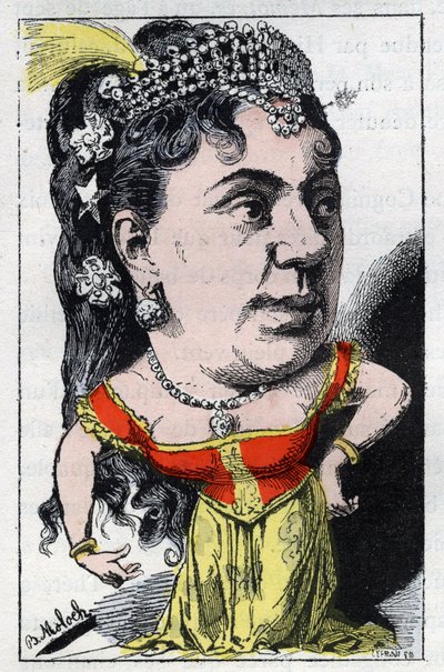 フランスのキャバレーで活躍したEmma Valladon dit Theresa（1837-1913）のポートレート、1882年のB.Moloch（1849-1909）による漫画、Touchatoutの「Le Trombinoscope」に登場する。個人蔵。 作： Moloch