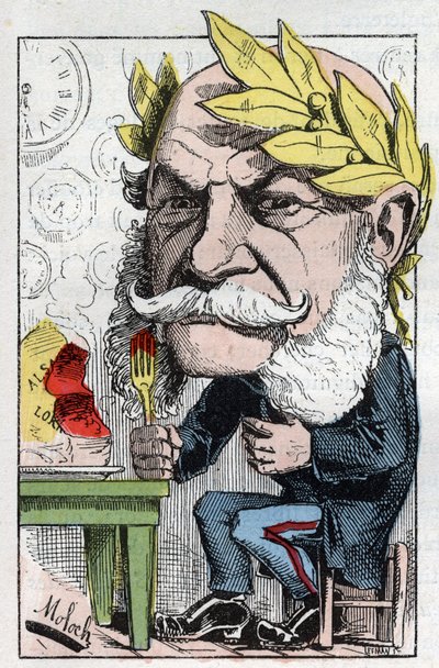 Touchatoutの「トロンビノスコープ」に描かれたプロイセン王兼ドイツ皇帝ウィリアム1世（1797-1888）の肖像と、1882年のB.モロク（1849-1909）による風刺画。個人蔵。 作： Moloch