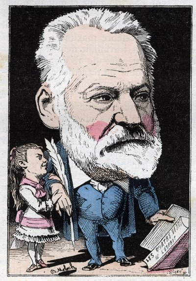 フランスの作家ヴィクトル・ユーゴー（1802-1885）の肖像（トゥータウト作『トロンビノスコープ』）、1882年のB.モロク（1849-1909）による風刺画。個人蔵。 作： Moloch
