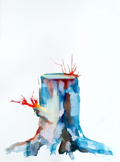 Red Shoots, 2020（ボッキングフォード紙にインク、ビートジュース、水彩画） 作： Monica Perez Vega
