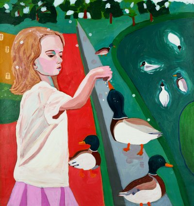 公園でアヒルに餌をあげる少女 作： 
