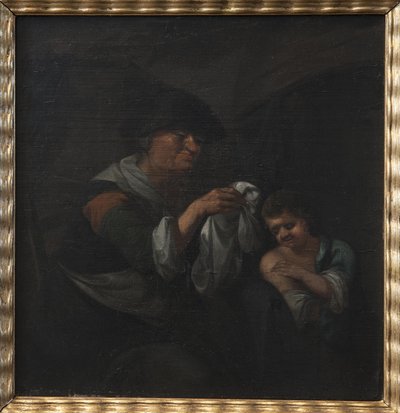 少年のリネンを検査する老婦人 作： Monogrammist Bijs