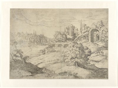 古典的な寺院のある広い風景 作： Monogrammist DB (etser 16de eeuw)