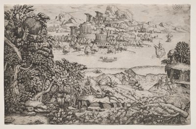 湖の上の寺院のある風景、16 世紀。 作： Monogrammist HI