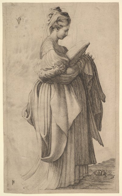座布団を持つ女性像、1643年。 作： Monogrammist VCP