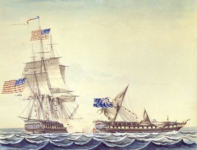 米フリゲート艦コンスティテューションと英フリゲート艦ジャワの交戦（水彩・紙） 作： Montardier Montardier