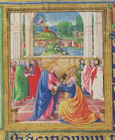 Ms 542 f.3vキリストが聖ペテロに鍵を与え、バックグラウンドで神は、フィレンツェのバディアフィオレンティーナ教会のドンアッピアーノによって書かれた詩篇からモーセに法の書簡を届けました 作： Monte di Giovanni del Fora