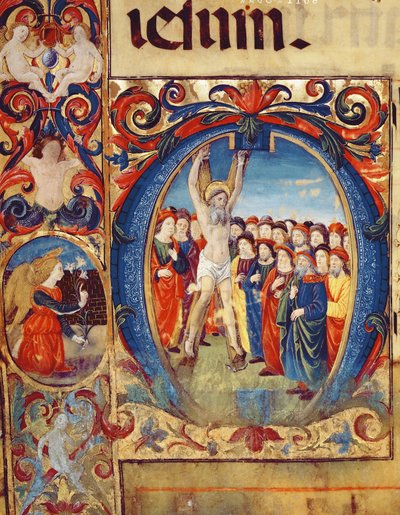 Ms 543 f.5v詩篇からの聖アンドリューのはりつけによる初期のOの歴史、1515年 作： Monte di Giovanni del Fora