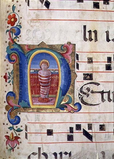 Ms 543 f.74r 1515年頃のプサルターから、よだれかけをした洗礼者ヨハネが描かれた歴史的なイニシャル「N」（ヴェラム製 作： Monte di Giovanni del Fora