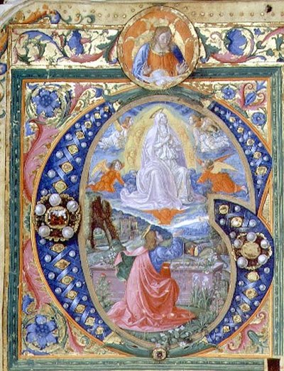 f.106v 聖母被昇天が描かれたヒストリカル・イニシャル「G」、ミサール（ベラム）より 作： Monte di Giovanni del Fora