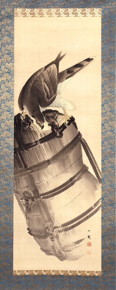 Hawk On A Straw Rice Bale (tinta e cor sobre seda) 作： Mori Ippo