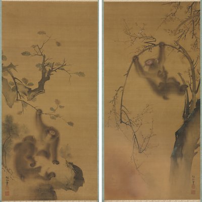 桜の木のサル。 岩棚のサル 作： Mori Sosen