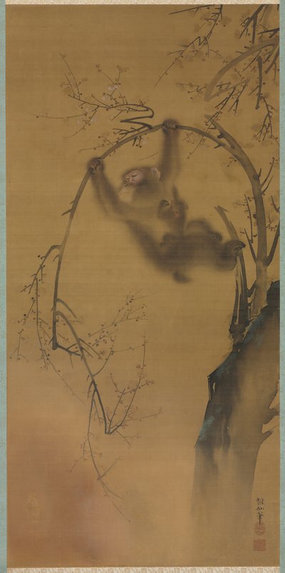 桜の木の猿、ロックレッジの猿、1615年から1868年。 作： Mori Sosen