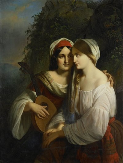 イタリアのドレスを着た 2 人の女性 作： Moritz Calisch (signed by artist)