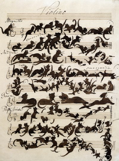 1868年にモーリッツ・フォン・シュインドが描いた「猫の交響曲（Die Katzensymphony）」。 カールスルーエ州立美術館所蔵。 作： Moritz Ludwig von Schwind