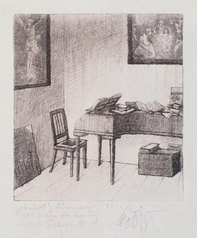 フランツ・シューベルトの部屋の様子（ネグラビング 作： Moritz Ludwig von Schwind