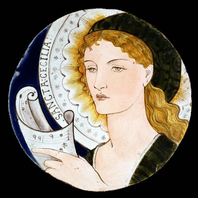 C.2-1922 聖セシリアを描いたモリス アンド カンパニーのタイル、エドワード バーン ジョーンズ (1833-98) がデザイン、ケイト フォークナーが 1865 年頃に塗装 (塗装陶器) 作： Morris and Company